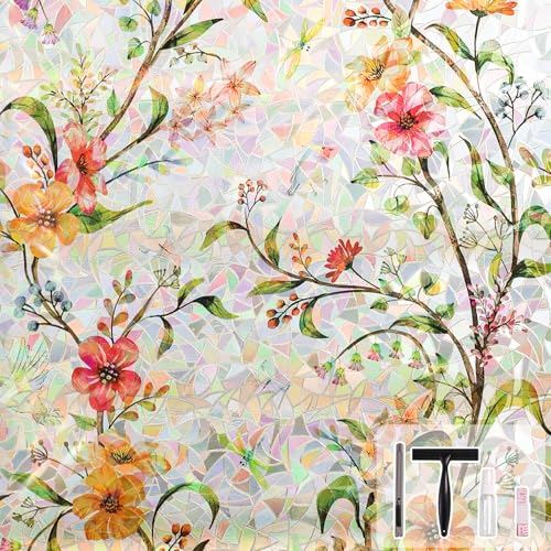 NINETREX Privacy Window Film, Stained Glass Window Film, Floral Rainbow Stickers Static Cling Vinyl...