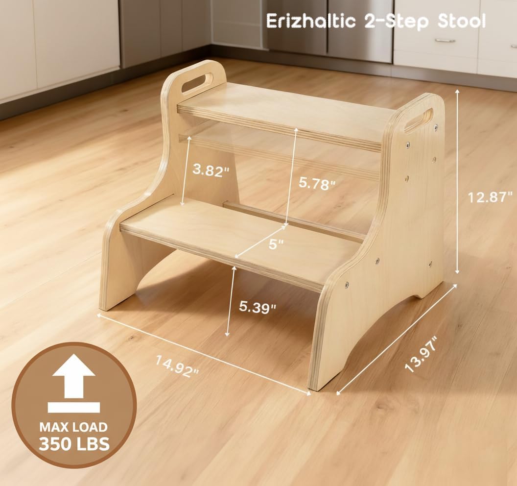 2-Adjustable Toddler Step Stool, 350 lbs Capacity Solid Wood Step Stool for Kids - Kitchen, Bathroom, Bedside Helper for Montessori Independence,Natural