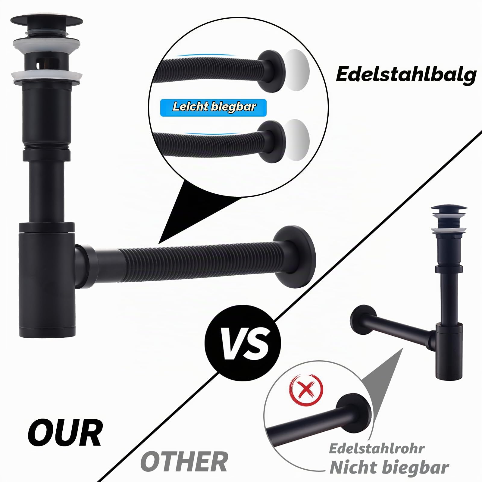 HOMELODY Design Siphon mit Pop Up Ventil Ablaufgarnitur für Waschbecken Schwarz Matt, Universal Messing Siphon, Waschbecken Stöpsel，Geruchsverschluss mit Reinigungsöffnung