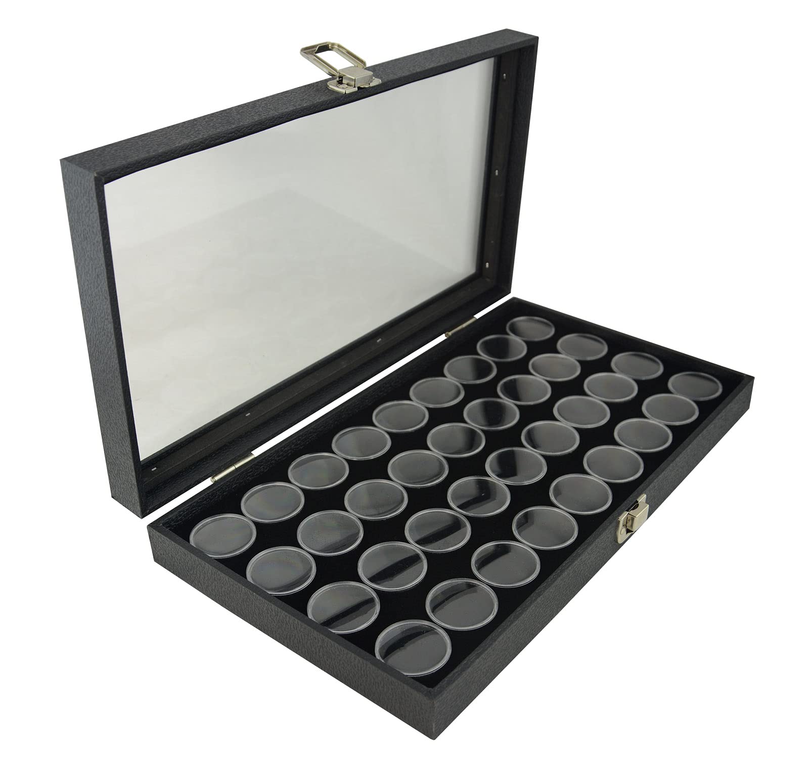 Box Displays Glass Lid Gem Stone Display Case with Choice of Foam Gem Pot Liner - Jewellery Presentation Case (Case with Black 36 Pot)