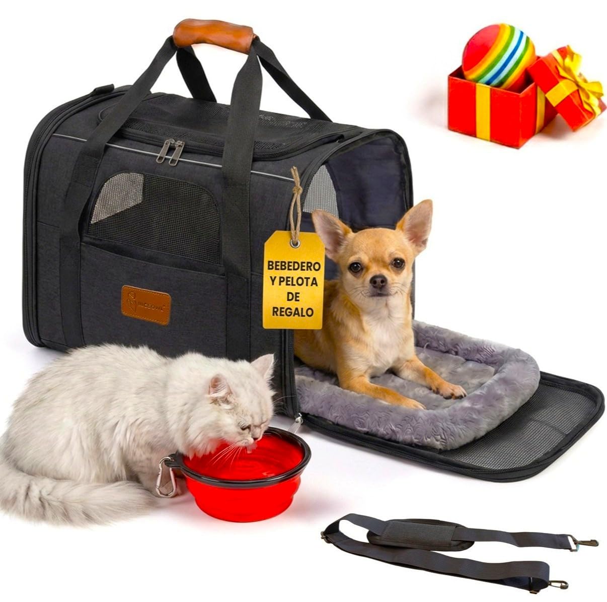 Transportin Perro Gato Plegable y Reforzado con Cama, Bebedero y Juguete de Regalo | Transporte de Gato Viaje Cómodo y Seguro | Bolsa de Transporte Portátil con Ventilación 360º