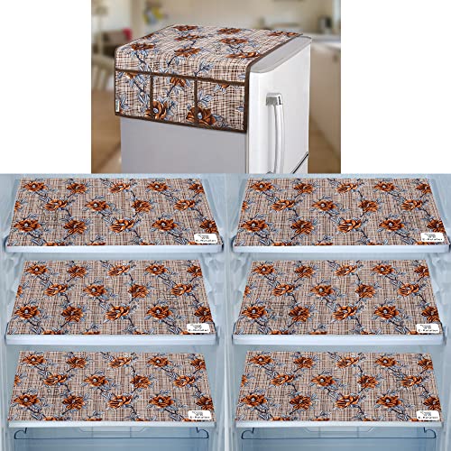 Image of Polyester 3-Layered Fridge Top Cover /Refrigerator Cover With Utility Pockets and Set of 6 Pc Fridge Mats (Color-Check Floral Brown, Size-39x21 Inch)