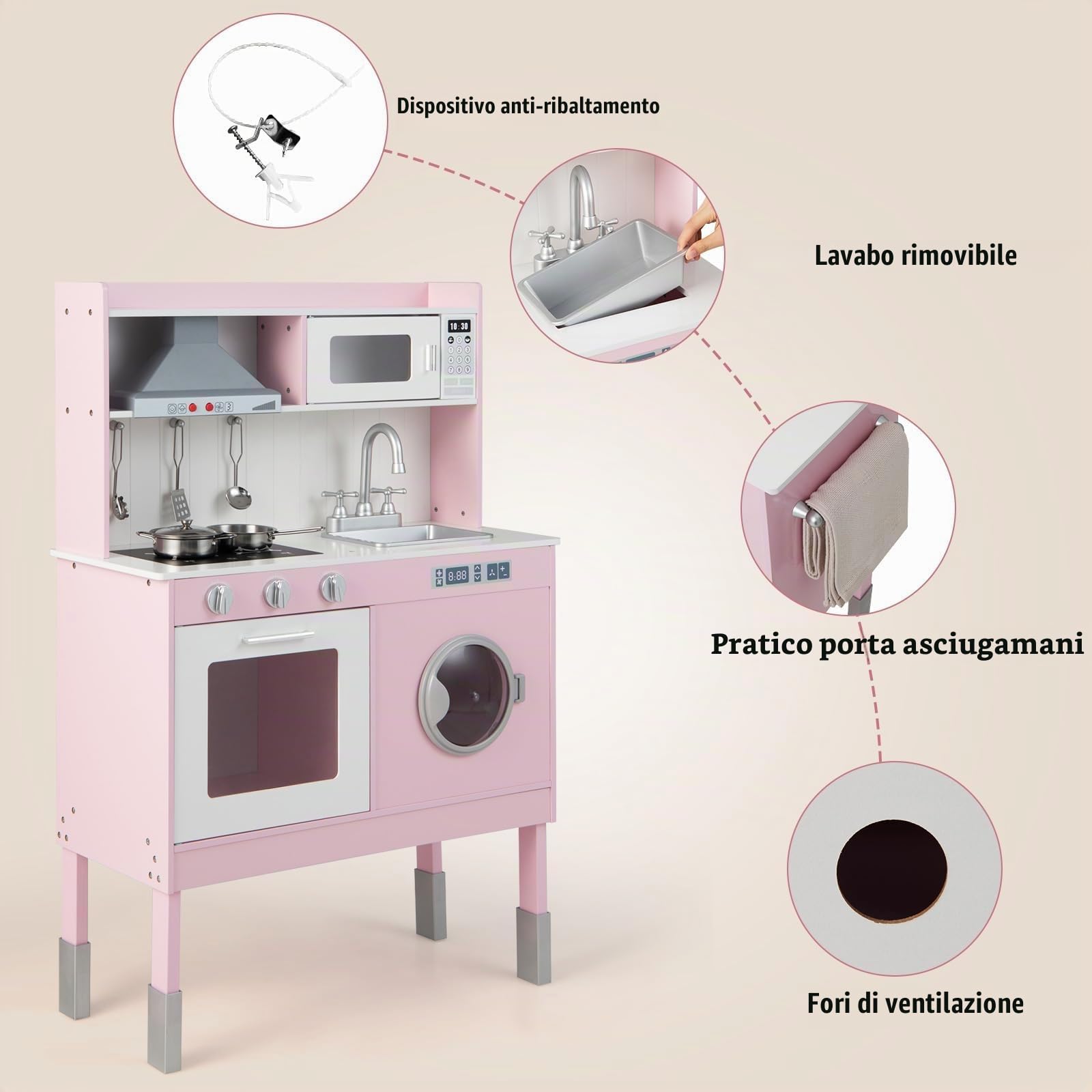 FANTASK Cucina per bambini con accessori da gioco, cucina in legno con cappa aspirante e lavatrice e suoni e luci reali, set da gioco per bambini dai 3 anni in su, rosa (71 x 29 x 101 cm)