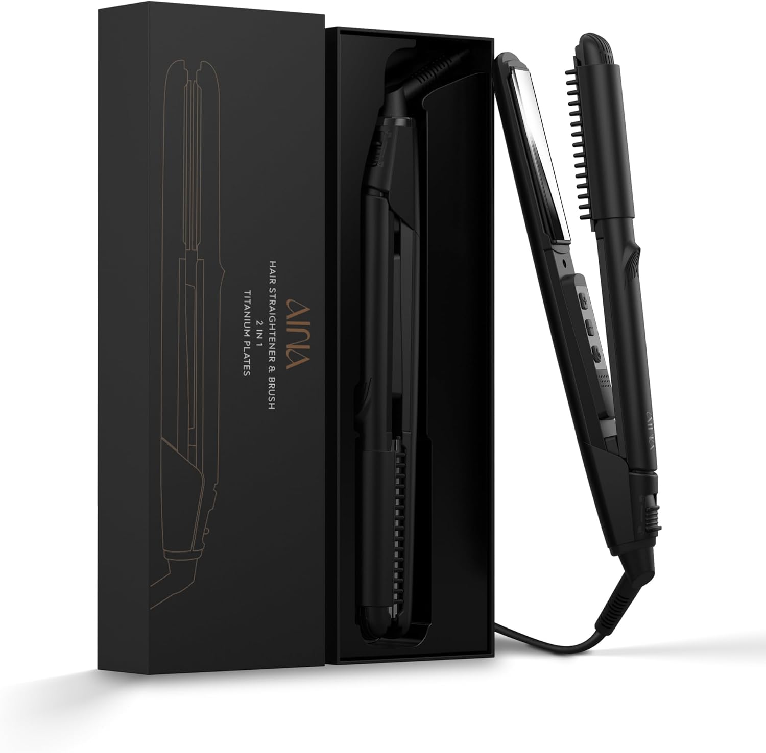 Haarstijlborstel, plat strijkijzer, titanium platen, dubbel voltage, krullend, 2-in-1, ontklitte kroes (roze) (zwart)
