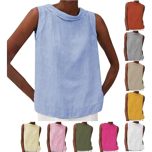 Linen Tops for Women Summer Casual Cotton Sleeveless Tank Tops Lapel Crewneck Tshirt Loose Fit Comfy Blouses Vest