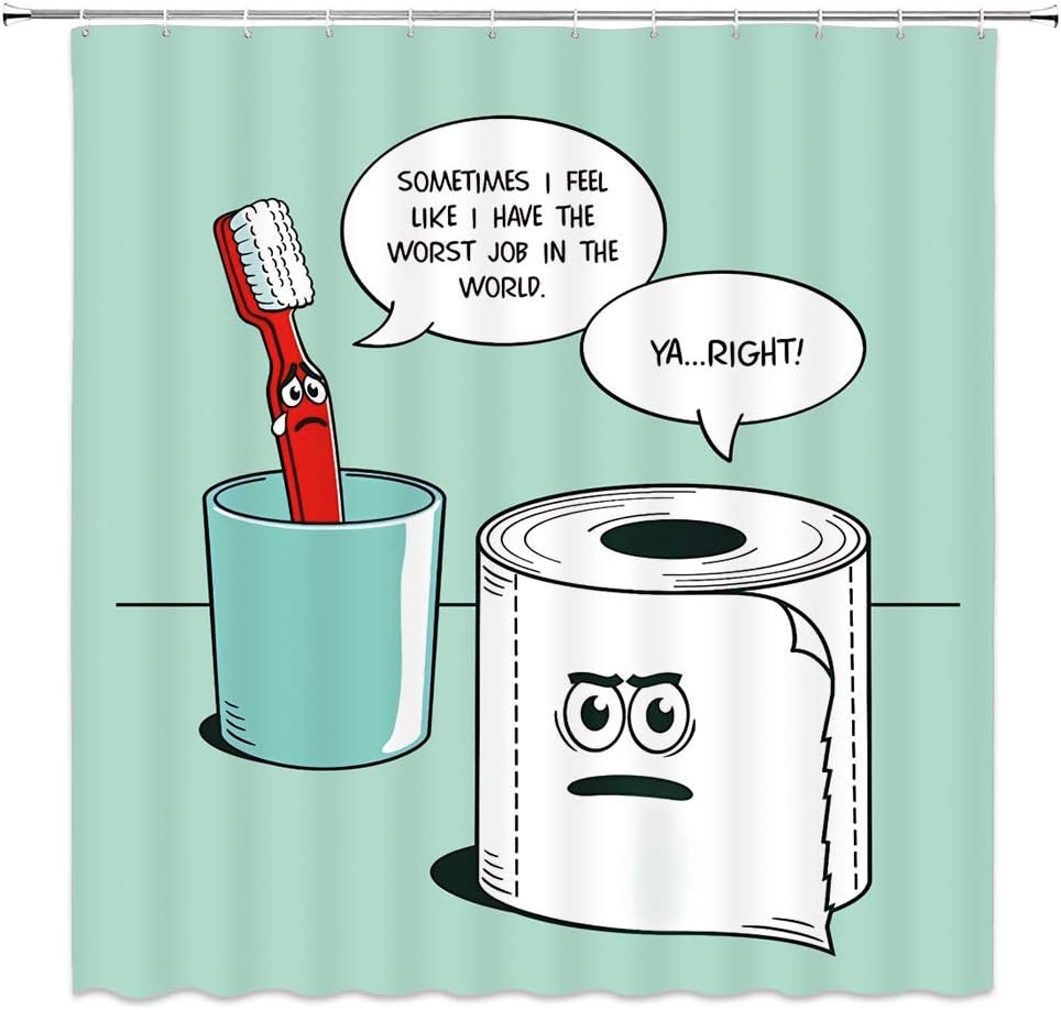 Funny Shower Curtain Decoration, Toothbrush and Paper Towel Shower Curtain 70X70 Inch Polyester Fabric Bathroom Magical Ornament Shower Curtain Including Hook Matcha Color Background