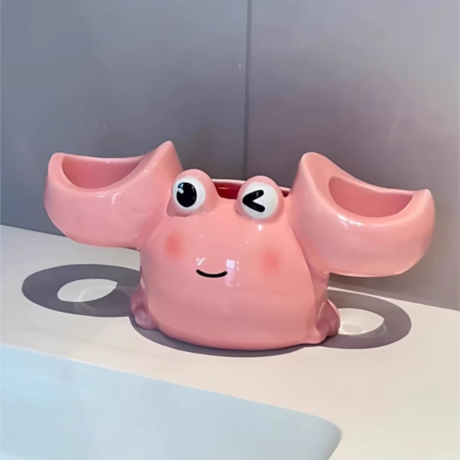 Porta Cepillo Dientes Baño Accesorios De La Encimera del Tenedor Cepillo Dientes Forma Cangrejo Cerámica For El Cuarto Baño Hogar Y Cocina(Pink)