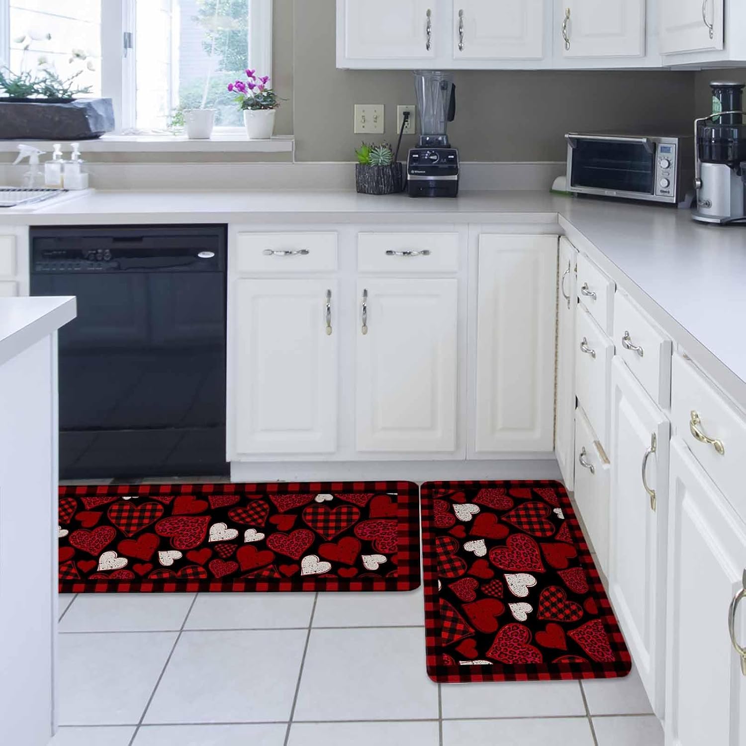 Valentine's Day Kitchen Rugs and Mats Set of 2, Non-Slip Kitchen Sink Mat, Red Black Love Hearts Checkered Washable Doormat Bathroom Rugs Runner for Bedroom/Living Room 19.7"x31.5"+19.7"x63"