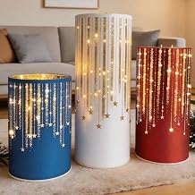 3 Pack Starry Sky Etched Glass Hurricanes with LED Lights, Romantic Mantel & Table Decor for Wedding, Holiday Celebration White+red+Blue