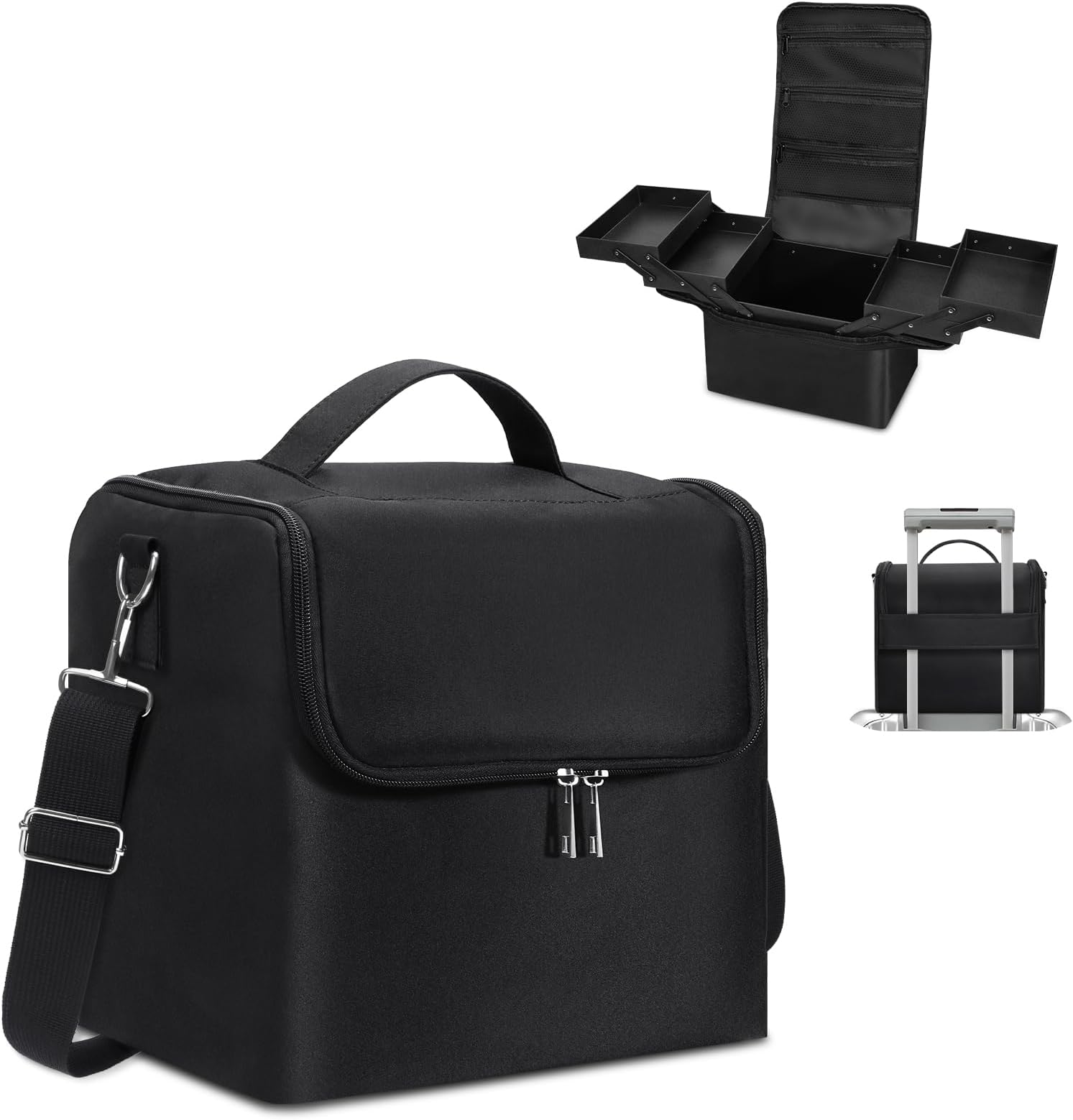 Large Makeup Carrying Train Case for Women, Black Travel Bag Storage Box,4 Tier Professional Nail Organizer Case with Adjustable Dividers for Nail Tools Jewelry MakeUp Brushes