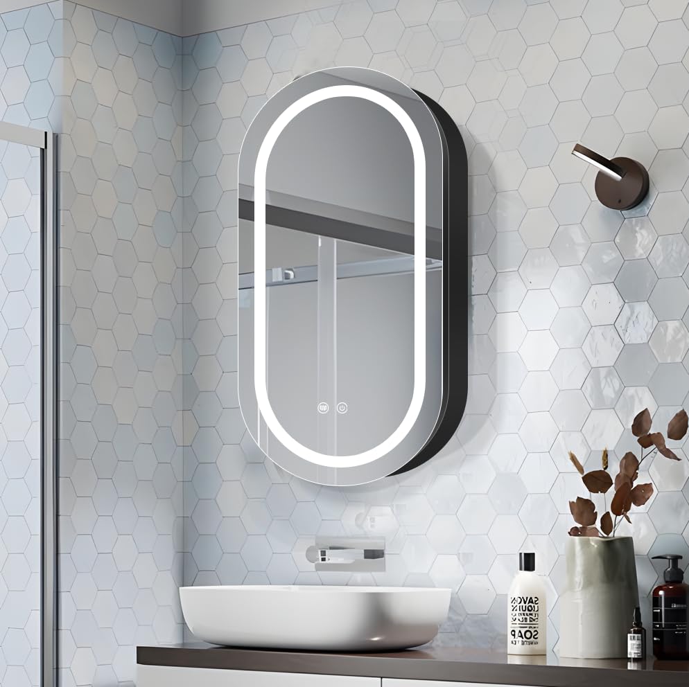 Janboe Oval Spiegelschrank Bad mit Beleuchtung,LED-Spiegelschrank für das Badezimmer,3 Farbtemperaturen & Helligkeit einstellbar,Rasierdose mit USB-Anschluss,Innenbeleuchtung,41cm×71cm
