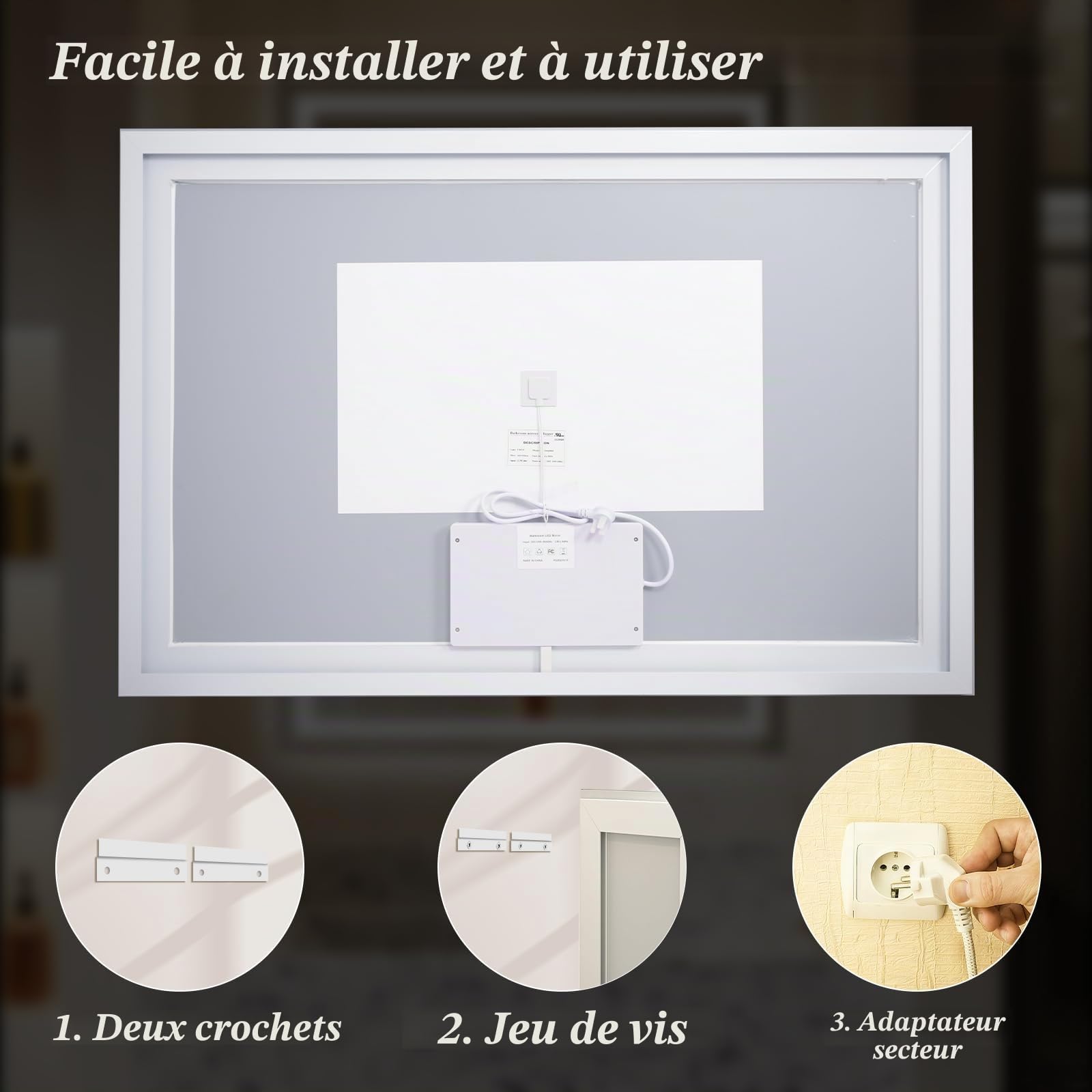 Koonmi 120x90 cm Miroir de Salle de Bain LED - 3 Modes d'éclairage réglables, Miroir de Salle de Bain Intelligent avec éclairage Avant et arrière, Fonction mémoire, Montage Mural Horizontal et