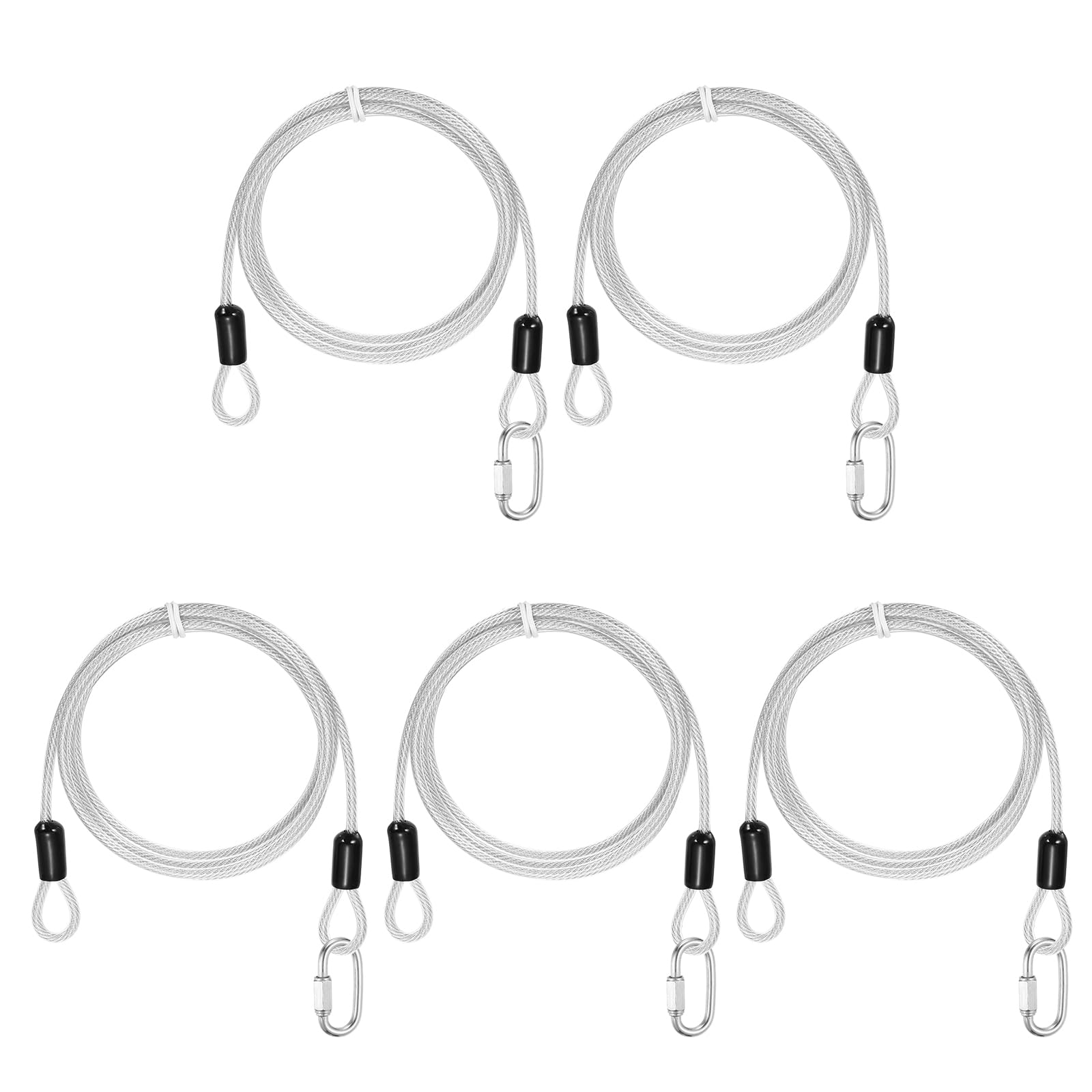 PATIKIL Security Cable Lock (4mm x 1.5m, 4.9ft, Clear)(5 Set) Vinyl Coated 304 Stainless Steel Double Loop Flexible Wire Rope Safety Cable with Quick Links Locking Connectors