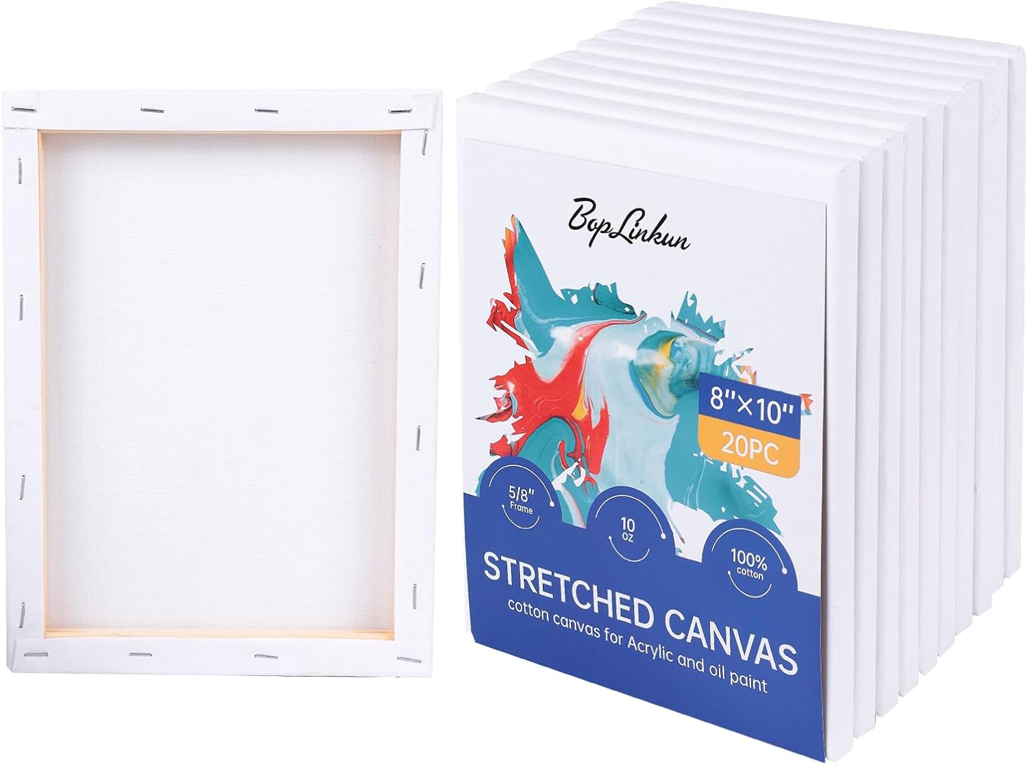 Stretched Canvas for Painting, 5/8 Inch Profile 100% Cotton Artist Framed Blank Canvas for Acrylics,Oils & Other Painting Media (20 Pack 8 * 10 in)