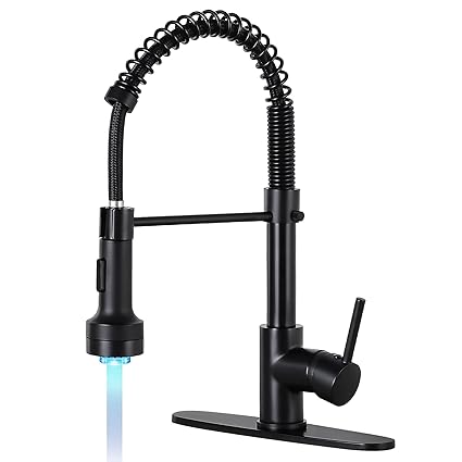DJS Kitchen Faucets with Pull Down Sprayer, Black Faucet with LED for Kitchen Sink, Single Handle Single Lever High Arc Spring Faucet with Deck Plate for 1 or 3 Holes Sink. (2011B, LED)