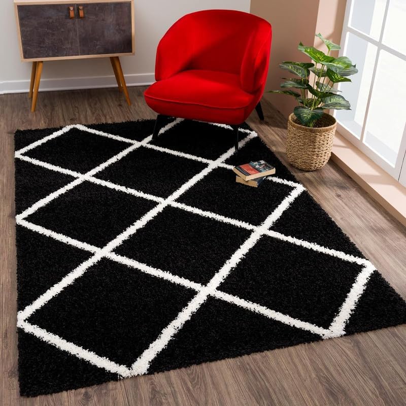 Image of FIASCO Polyester Shaggy Bedside Runner, Soft Indoor Modern Shaggy, Soft Rugs for- Living Room, Dinning Room, Office, Bedroom & Hallway Carpet Rugs Size 9X12 Black Box