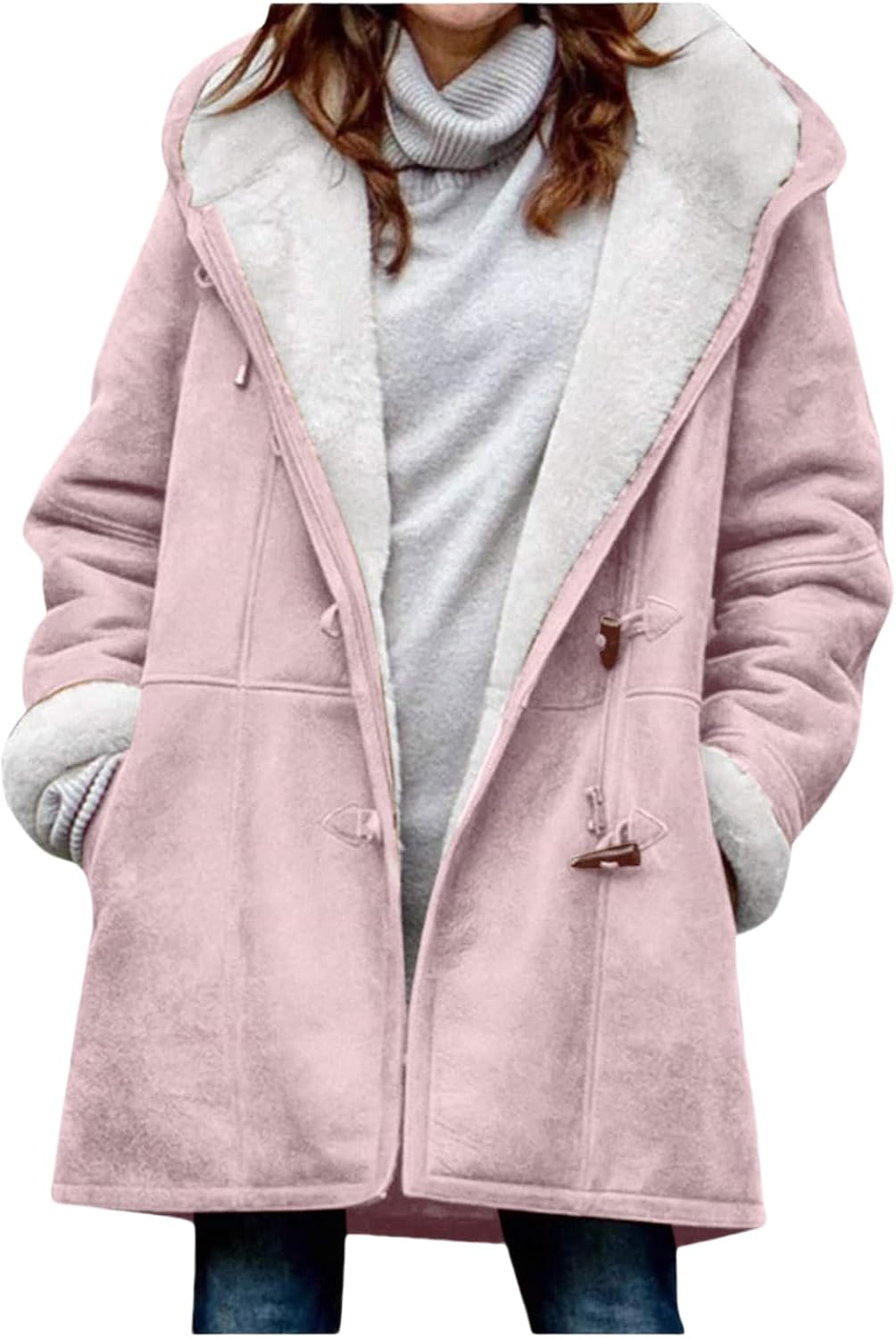Faux Suede Jacket Women Warm Sherpa Fleece Lined Jackets Soft Cozy Horn Button Down Coats Casual Hooded Parka Outwear