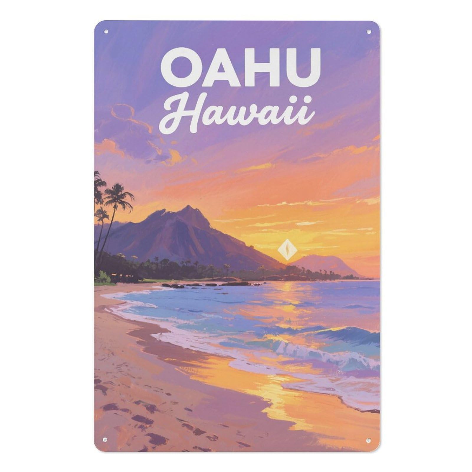 Oahu Hawaii Retro Design Tin Painting Vintage Tin Sign 08x12inch(20x30cm) Wall Art for Home Office Bedroom Living Room Cafes Wall Decor
