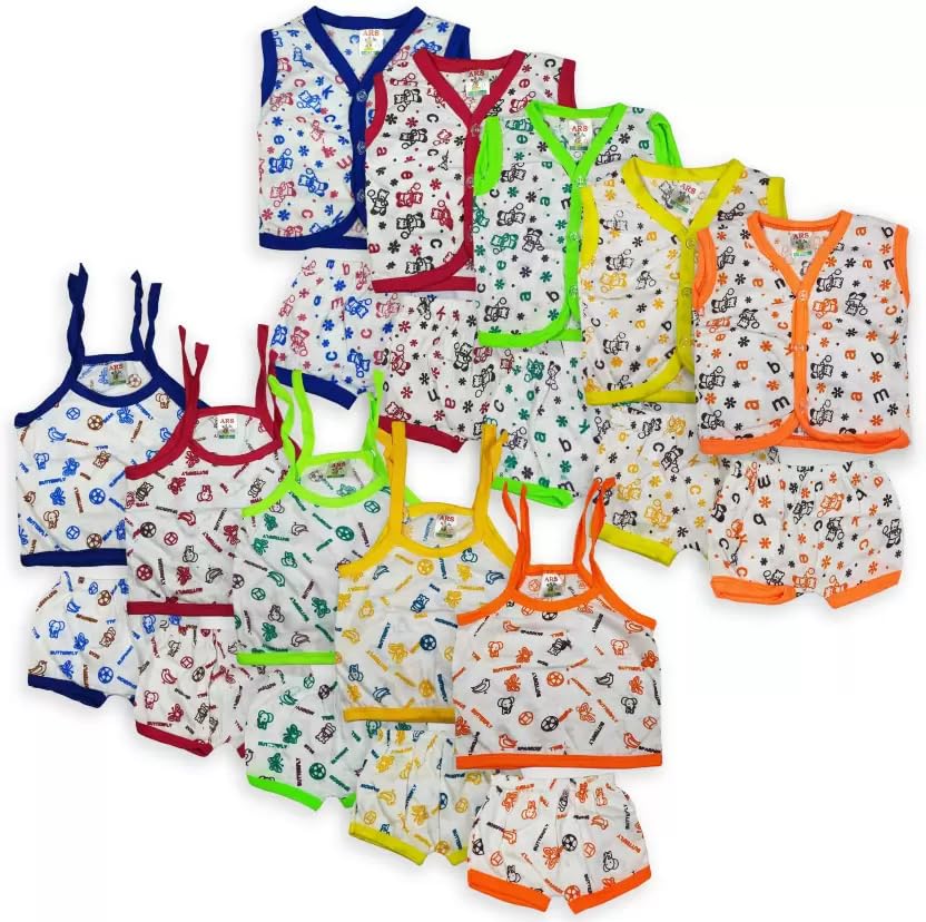 Fassify® New Born Baby Boy & Girls Stylish Trendy Jersey Top/TShirt and Shorts Dress set with FBO&T-KNOT. Pack of 10 T-shirt + 10 Shorts I Size 0 Months up to 1 years(Multicolor)