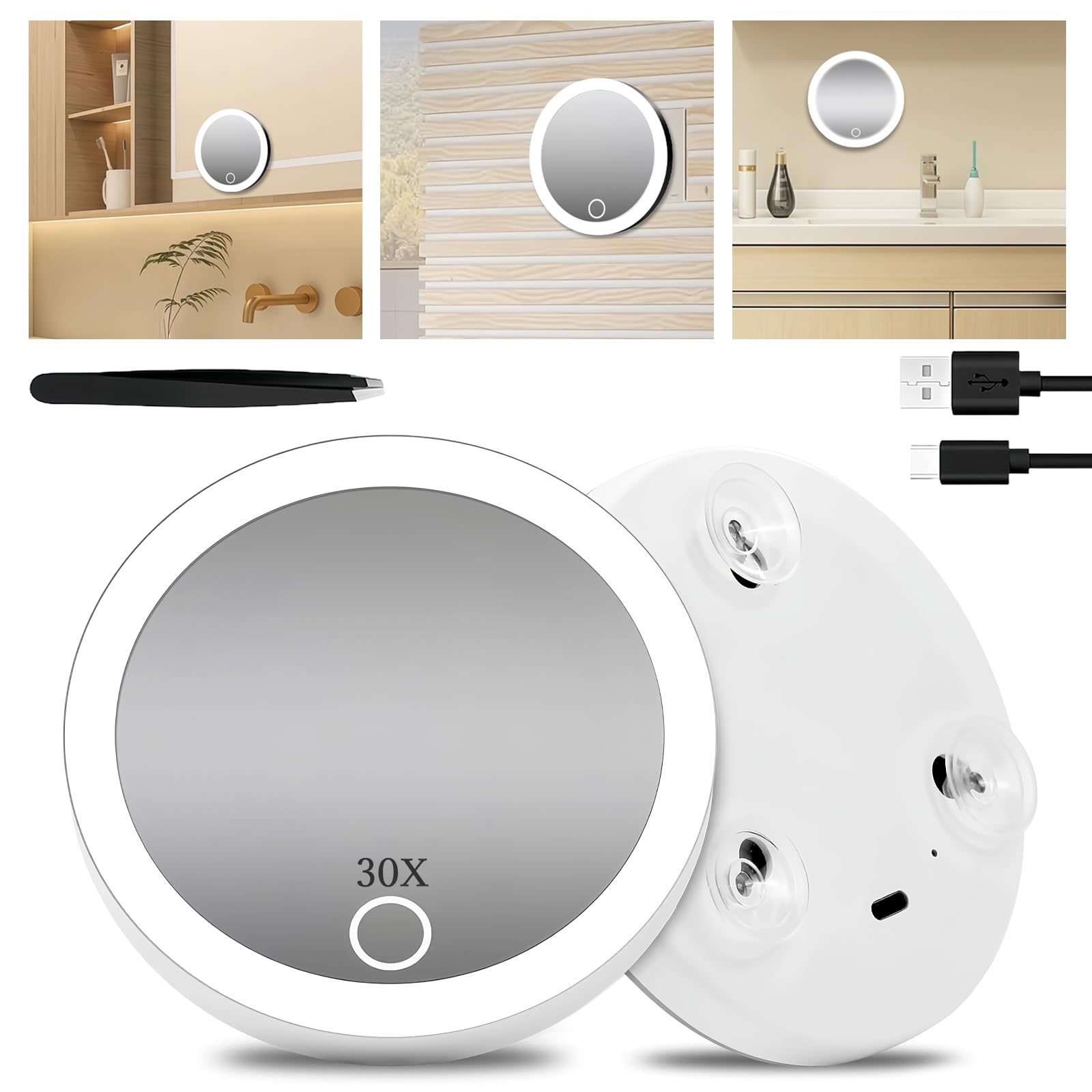 AMFUN 30X Magnifying Mirror, Magnifyings Mirrors with Light, Small Mirrored with Suction Cup and Tweezers, Travel Makeup Mirrors with 3 Color Lights for Travel, Bathroom, Home, Gifts (White) - Image 2