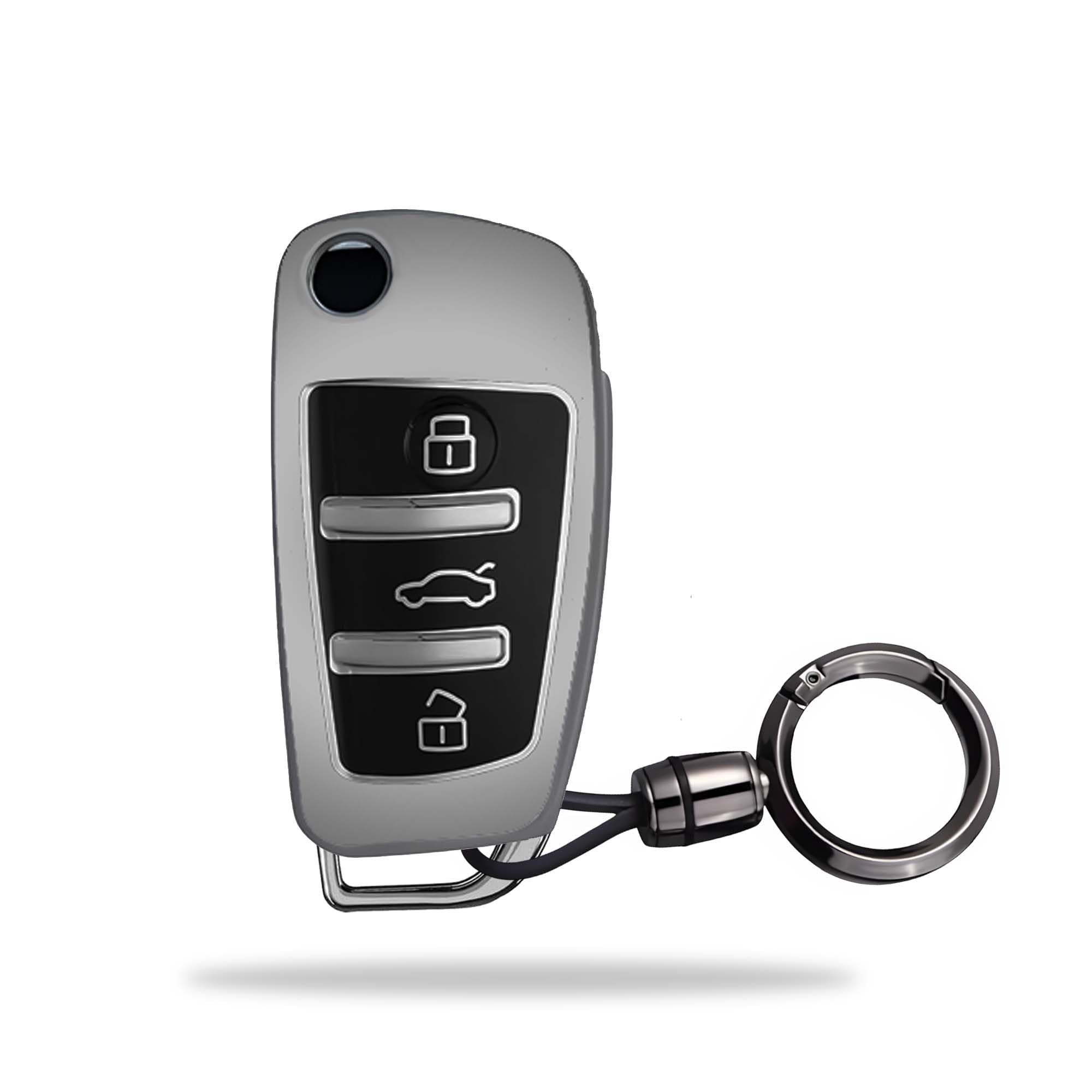 TANTRA TPU Key Cover and Round Key Chain Compatible with Audi A1 A3 A6 Q2 Q3 Q7 TT TTS R8 S3 S6 RS3 3 Button Flip Key (Grey)