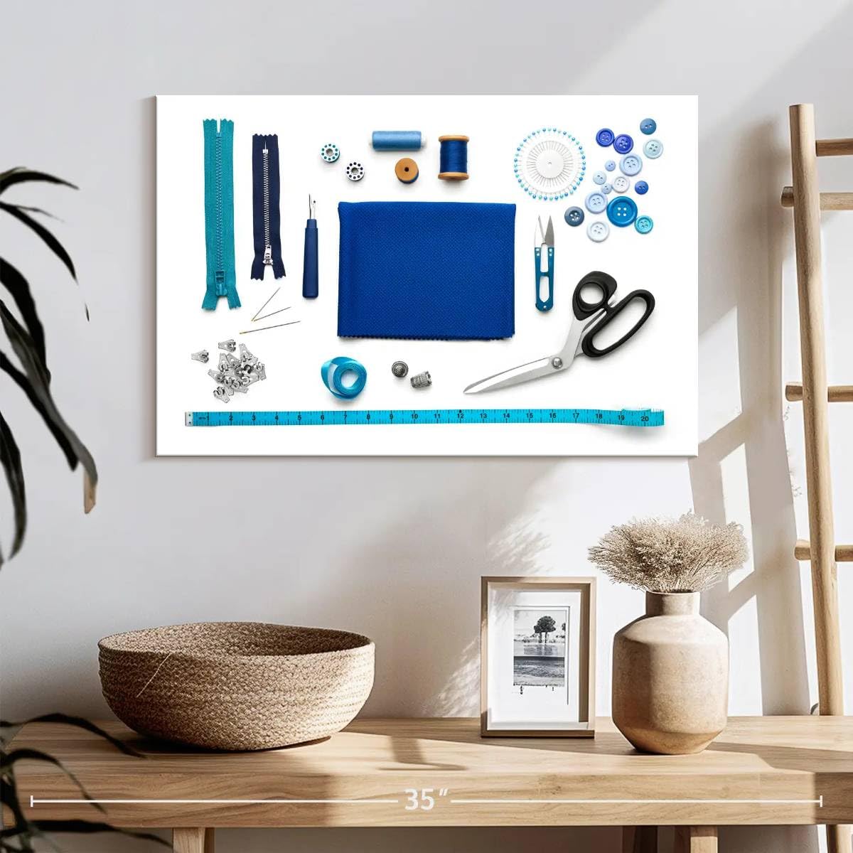 Elephant Stock - Blue Sewing Kit Wall Art - Horizontal Canvas Wall Art - Living Room Wall Decor - Photography Hobbies And Lifestyle Canvas Art - White And Turquoise Decor - 24