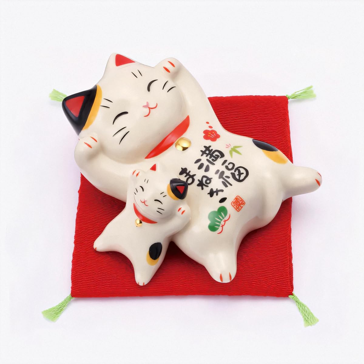Maneki Neko Parent Child Lucky Cat Ceramic Yakushi Kiln Seto Japan 3.5in
