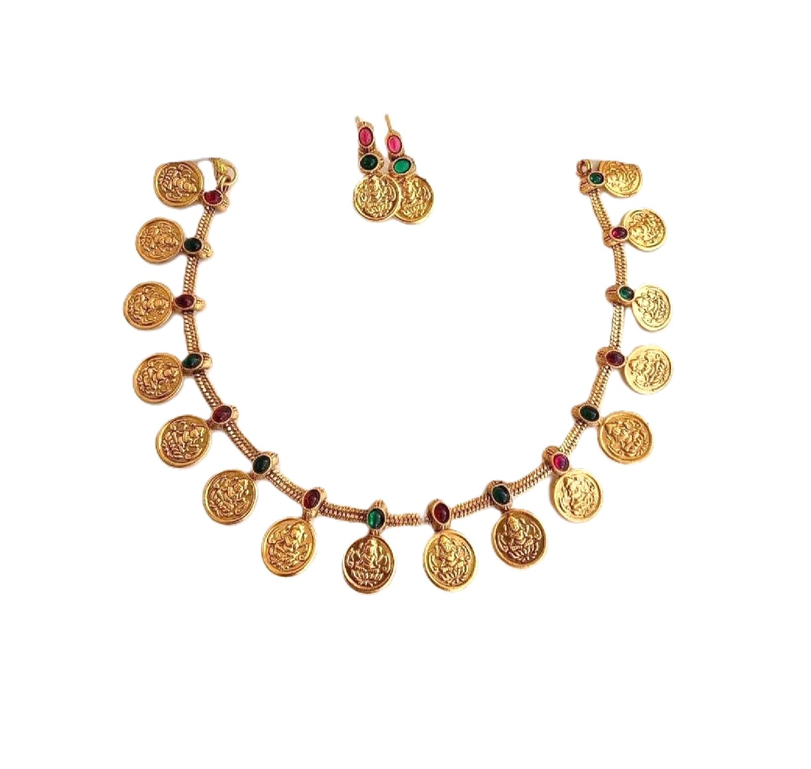Traditional Gold-Toned Lakshmi Coin Necklace and Earring Set with Ruby and Emerald Stones, Temple Jewellery-picture-34