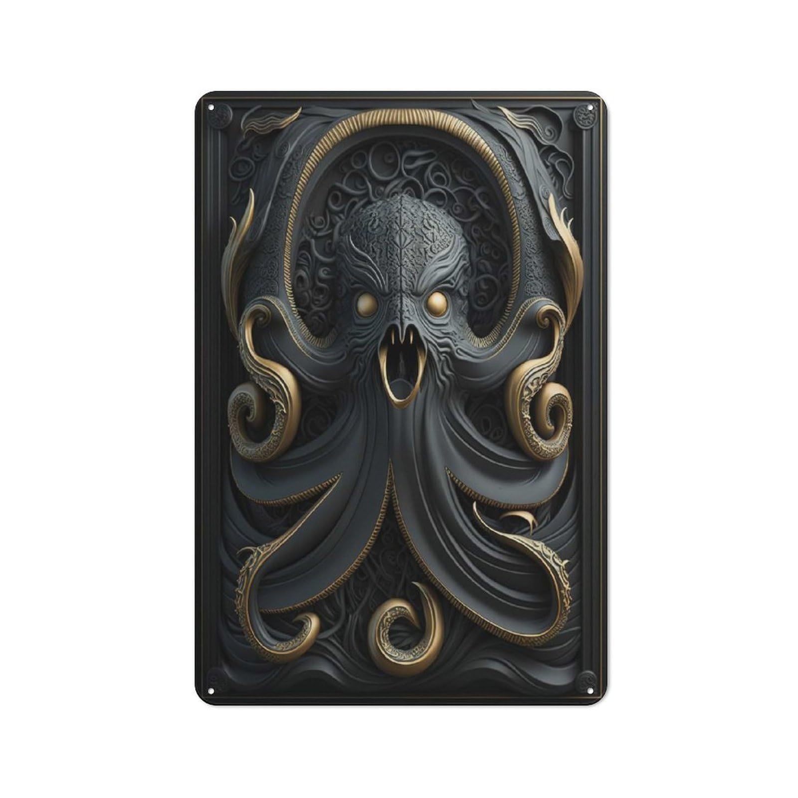 Junmoney Style-4 Garden Style Kraken Octopus Gold Decor Tin Sign 30X20cm, Porch Wall Decor For Patio Bar, Workshop, Shed Or Kitchen