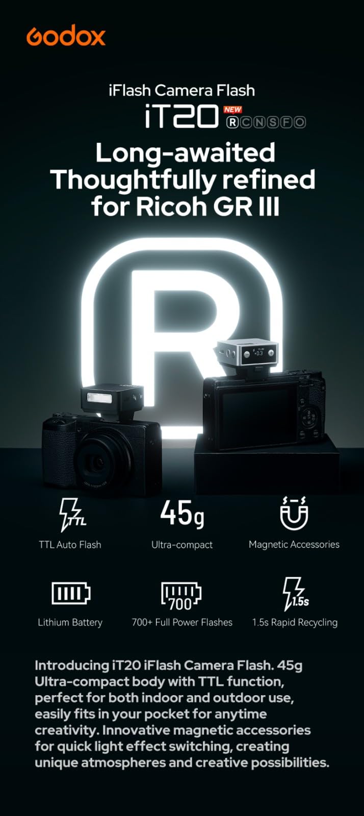 Godox iT20 R iT20R TTL Auto Mini Blitz für Ricoh GR IIIx GR III GR III HDF, TTL/Manuelle Modi, Magnetische Farbfilter Inklusive, 1,5s Recycling, Blitzschuhauslösung, USB-C Wiederaufladbarer Akku