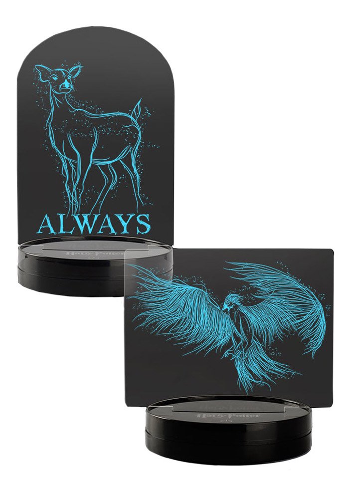 Harry Potter Acrylic LED Light Set Featuring Dumbledore's Phoenix and Snape's Doe Patronus - Black Base Desk Decoration With 2 Clear Engraved Plastic Sheets & 7-Color Cycles - Battery Or USB Powered