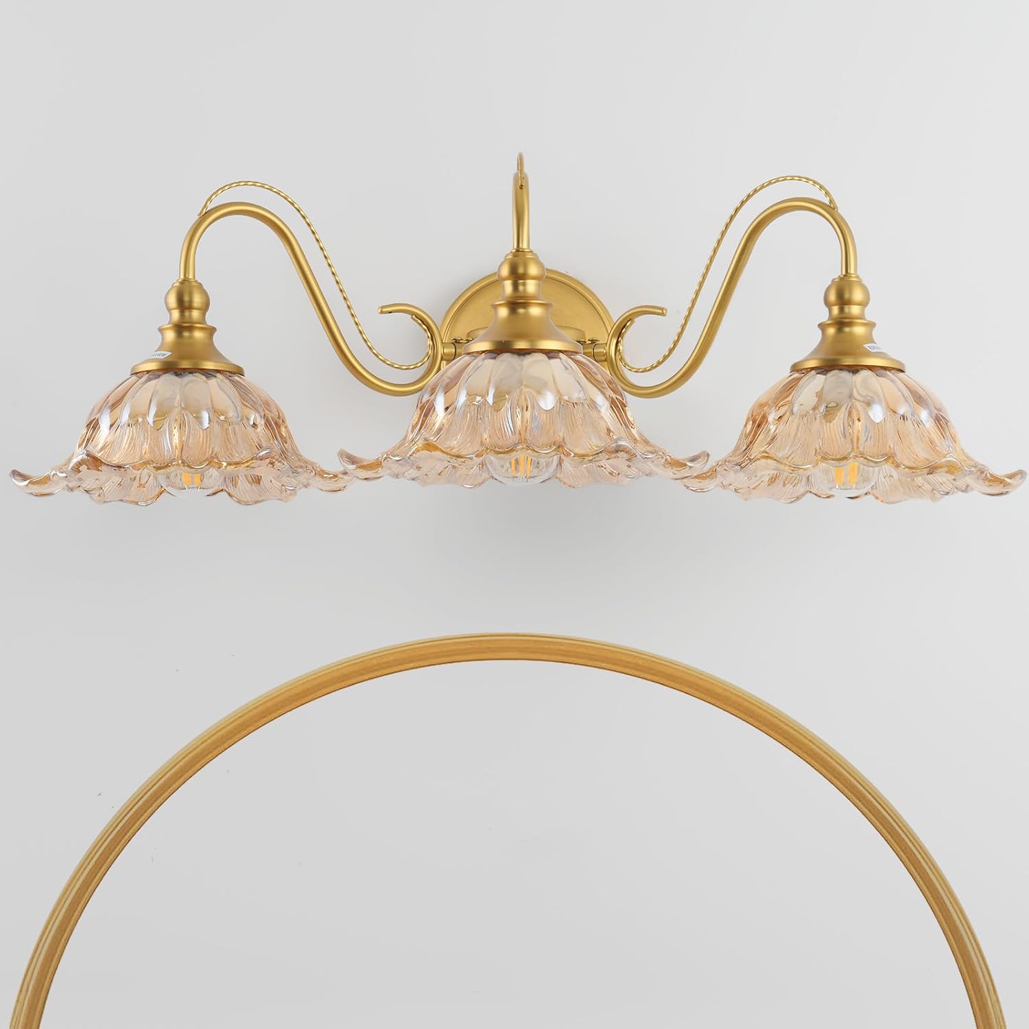 Vintage Bathroom Vanity Light Fixture, 3-Light Antique Matte Brass Finish with Amber Flower-Shaped Glass Shades, E26 Base, 25.2 Inch Vanity Light Bathroom Lighting Fixtures Over Mirror