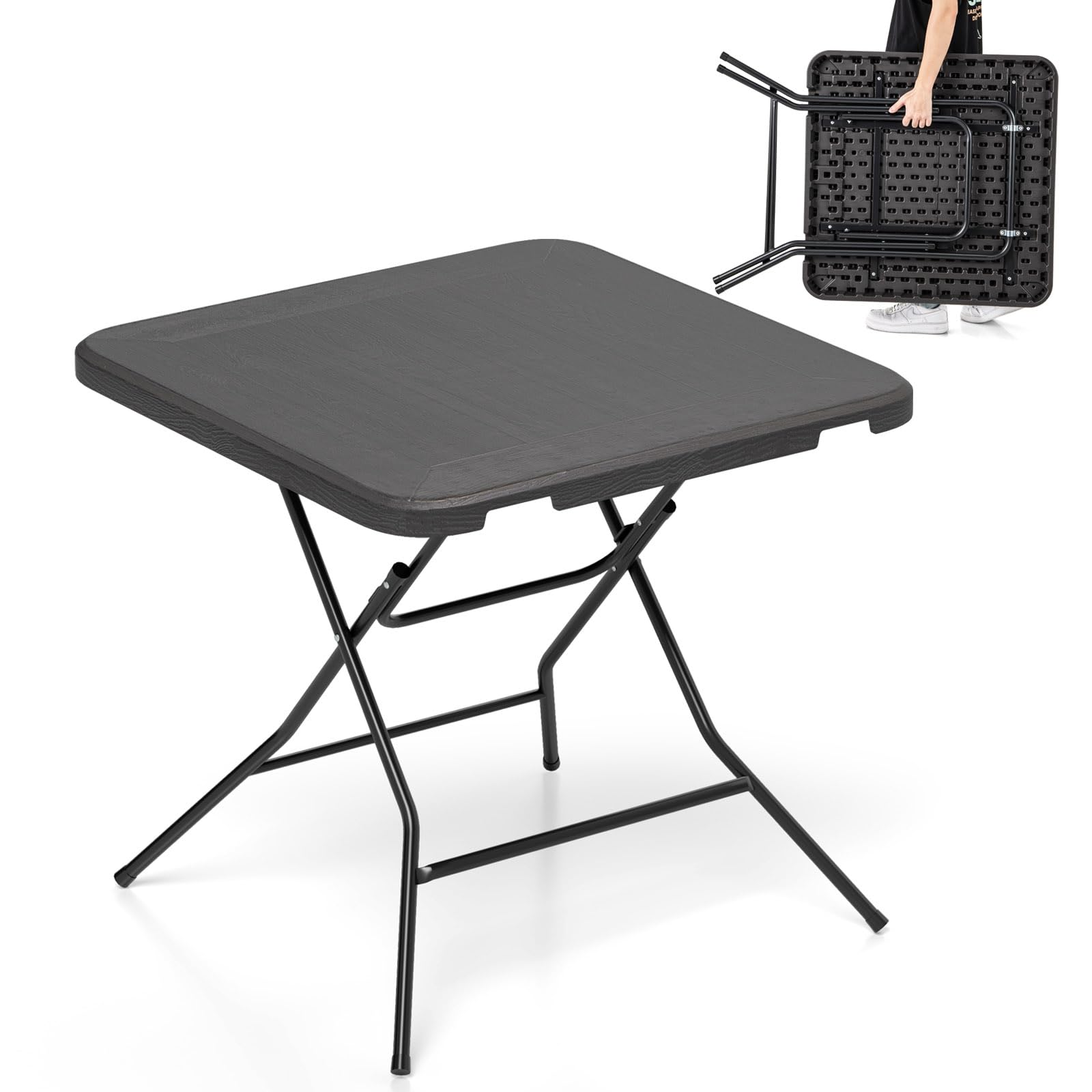 Table pliante camping carrée en métal noir et plateau bois moderne