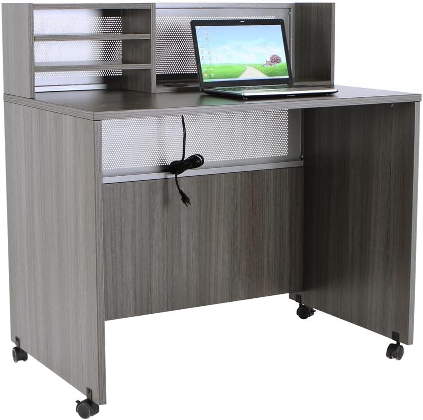 NBF Modern Reception Desk with Counter Station - Mobile Standing Height Checkout Counter - Front Desk with Espresso Laminate Finish - Durable Welcome Desk with 3 Shelves Hutch (48" W x 30" D, Brown)