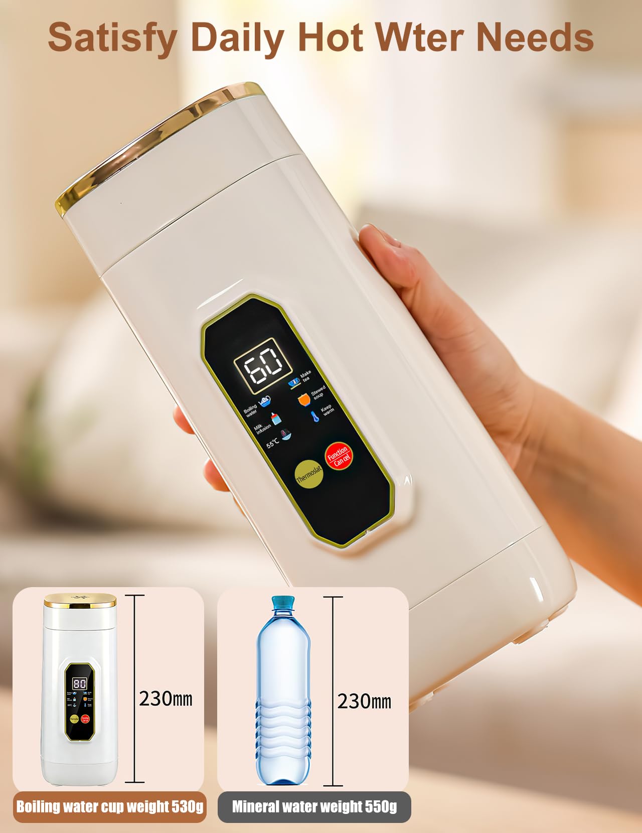 Mały Czajnik Podróżny, 450 ML Mini Czajnik z 6 Ustawieniami Temperatury Wyświetlacz LED Temperatury w Czasie Rzeczywistym Przenośny Czajnik Elektryczny do Herbaty, Mleka dla Niemowląt, Kawy