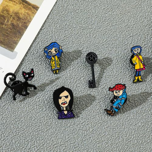 Image of The Secret Door Horror Movie Pin - Cartoon Yellow Raincoat and Coral Doll Enamel brooch Pin for Halloween Jewelry Accessory Gift for Horror Movie Fans (Coraline Set)