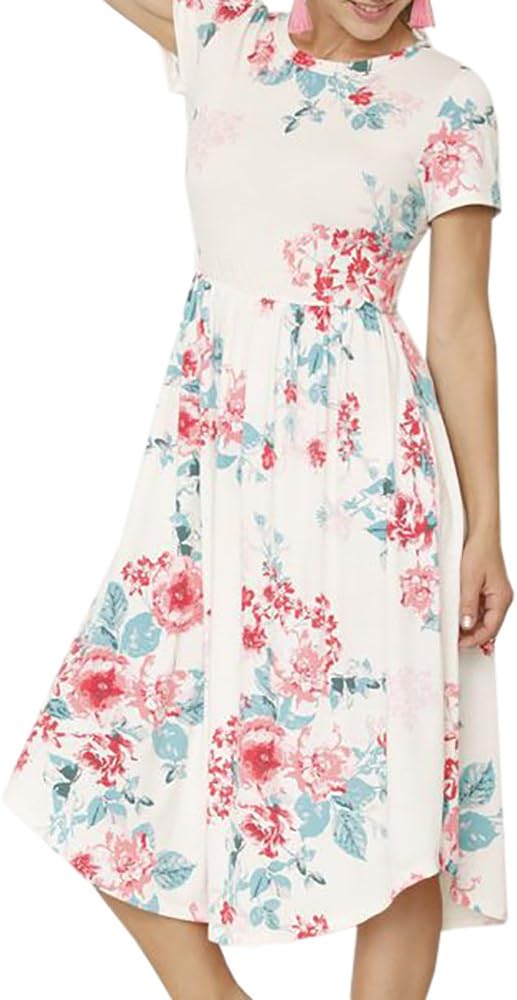 Foshow Womens Short Sleeve Dresses Floral Midi Boho Vintage Summer Beach Dress with Pockets, White 2, Small