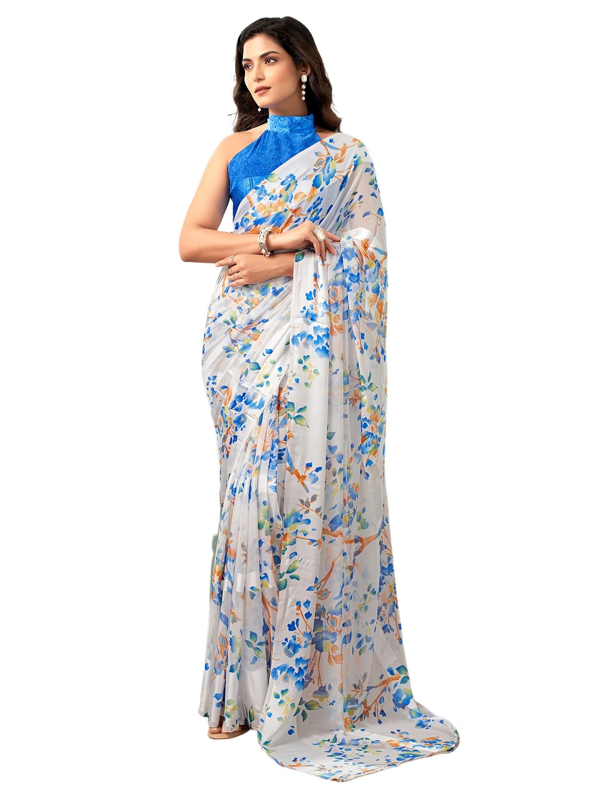 Women's Saree Georgette Floral Printed Satin Stripe Sari with Unhemmed Blouse