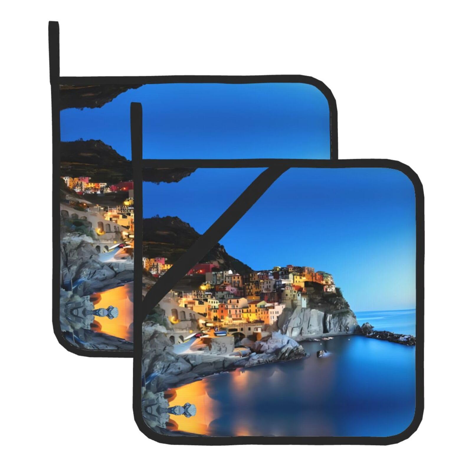 YYHWHJDE Italy Sea at Sunset Prints Square Hot Pads for Kitchen Counter - Waterproof Pot Holders with Hanging Loop, Durable Trivets for Microwave Oven - 2 Pack