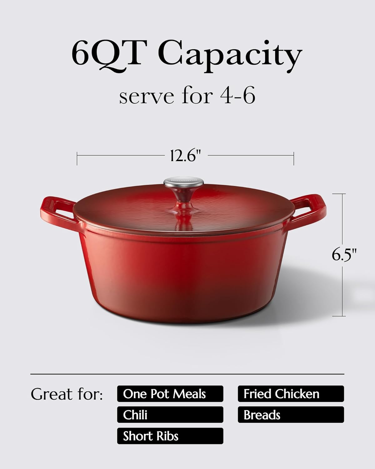 Dutch Oven Pot with Lid, 6QT Cast Iron Dutch Oven, Heavy Duty & Dual Handle, Dutch Oven for Bread Baking, Specialty Bread & Loaf Forms, Braising & Roasting, Sourdough Bread Baking, Oven Safe up to 500℉, Cast Iron Pot Compatible with All Cooktops, Cerise