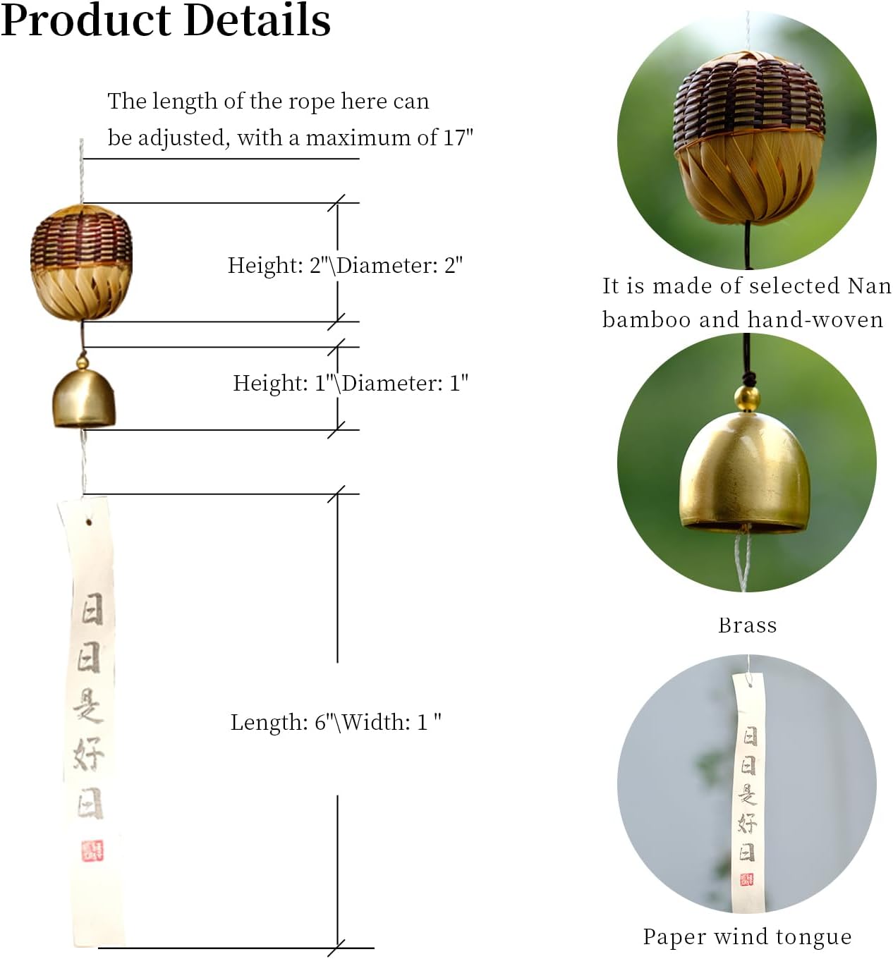 Handmade Bamboo Copper Wind Chime, Soft Healing Zen Sound, Rustic Hanging Windchime for Indoor Outdoor Home Patio Garden Wall Decor, Meditation Stress Relief Gift for Family Friends Men Women