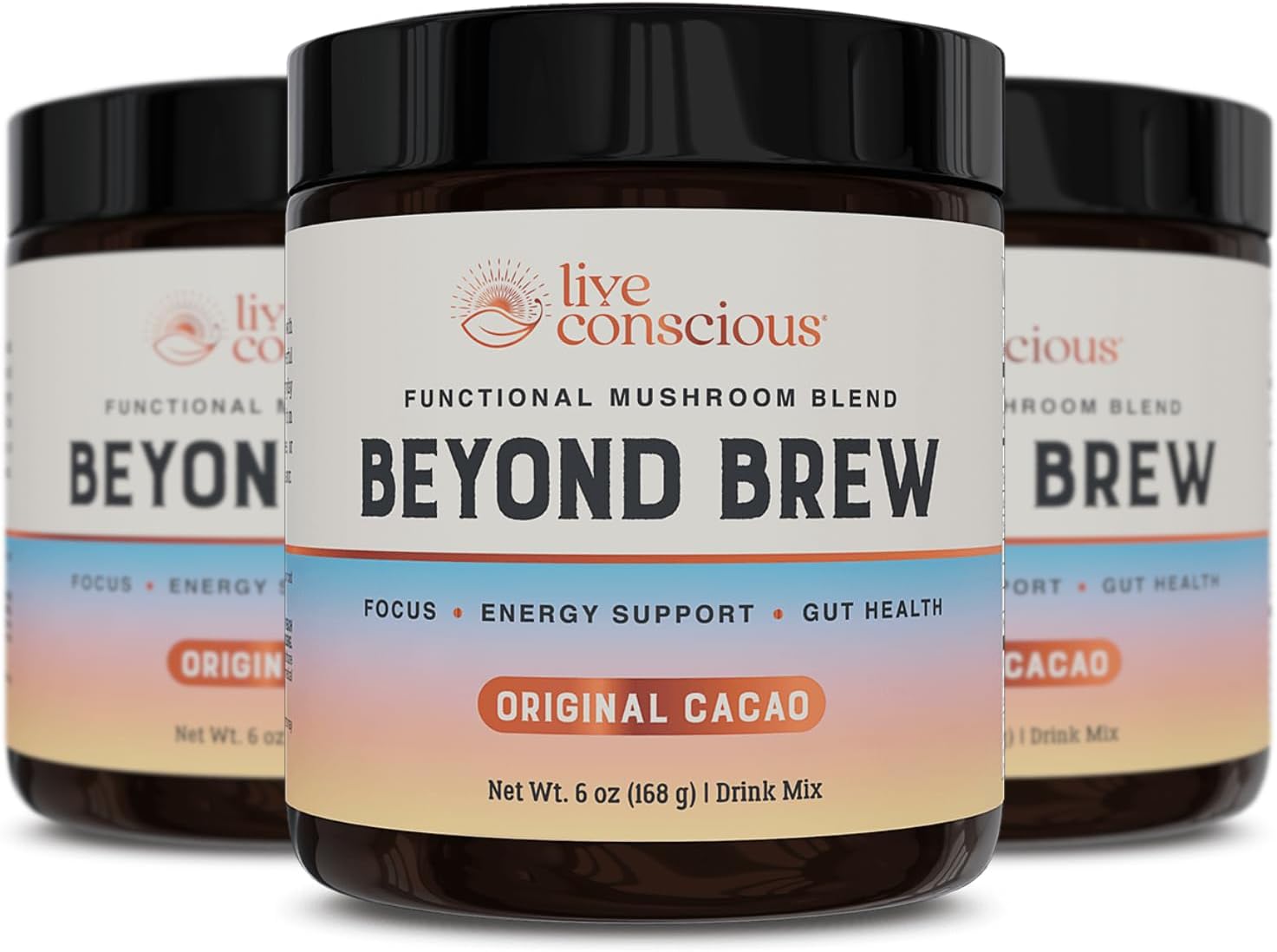 Live Conscious Beyond Brew - Superfood Coffee Alternative - Low Caffeine - Powerful Mushroom Complex - Lion’s Mane, Reishi, Cordyceps & Chaga for Sustained Focus, Energy & Immunity - Prebiotics & Probiotics Supports Gut Health - 30 Servings (3-Pack)