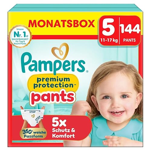 Pampers Premium Protection Pants Größe 5, 144 Windeln, 11kg-17kg, mit 360° Passform und weichen Anti-Auslaufbündchen für unseren besten Komfort und Schutz