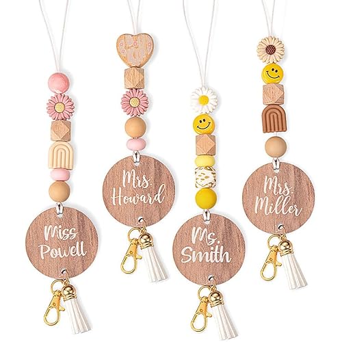 NICEDREAM Personalized Name Boho Teacher Lanyard Badge Holder Teacher Appreciation Gift Wood Bead Lanyard for Keys Nurse Gift Custom Lanyard