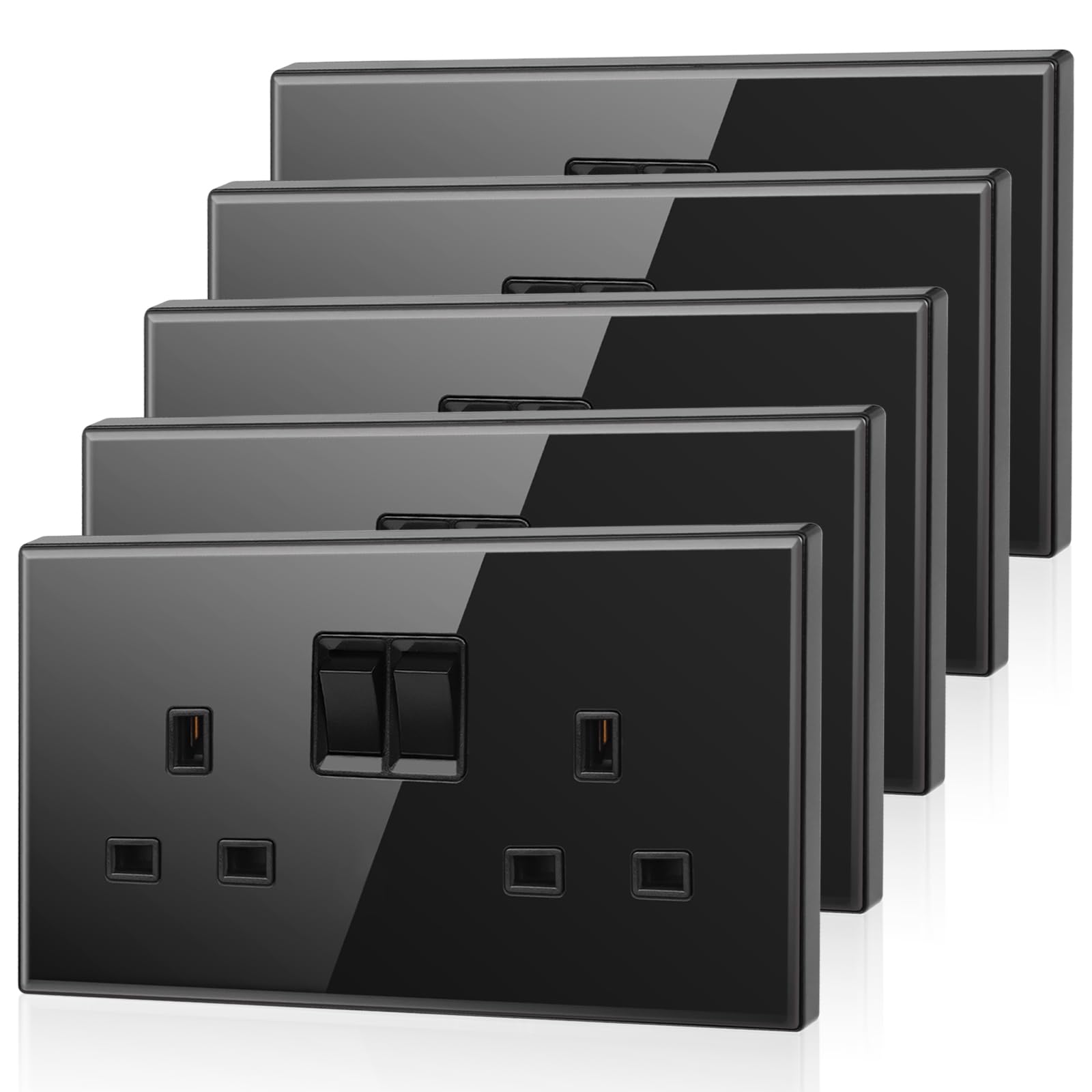 5 Pack CNBINGO Glass Double Switched Power Socket, Electric Power Sockets 2 Gang 13 Amp, Black Double Wall Outlet with Tempered Glass Panel