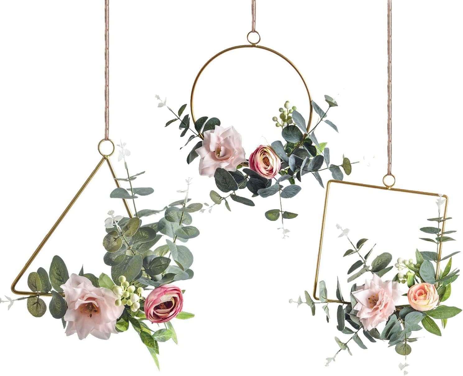Fermus Floral Hoop Wreaths Set of 3 Artificial Flower Hanging Wall Hoop Garland with Pink Clematis Tea Rose Flowers and Green Eucalyptus Leaves for Wedding Nursery Wall Decor