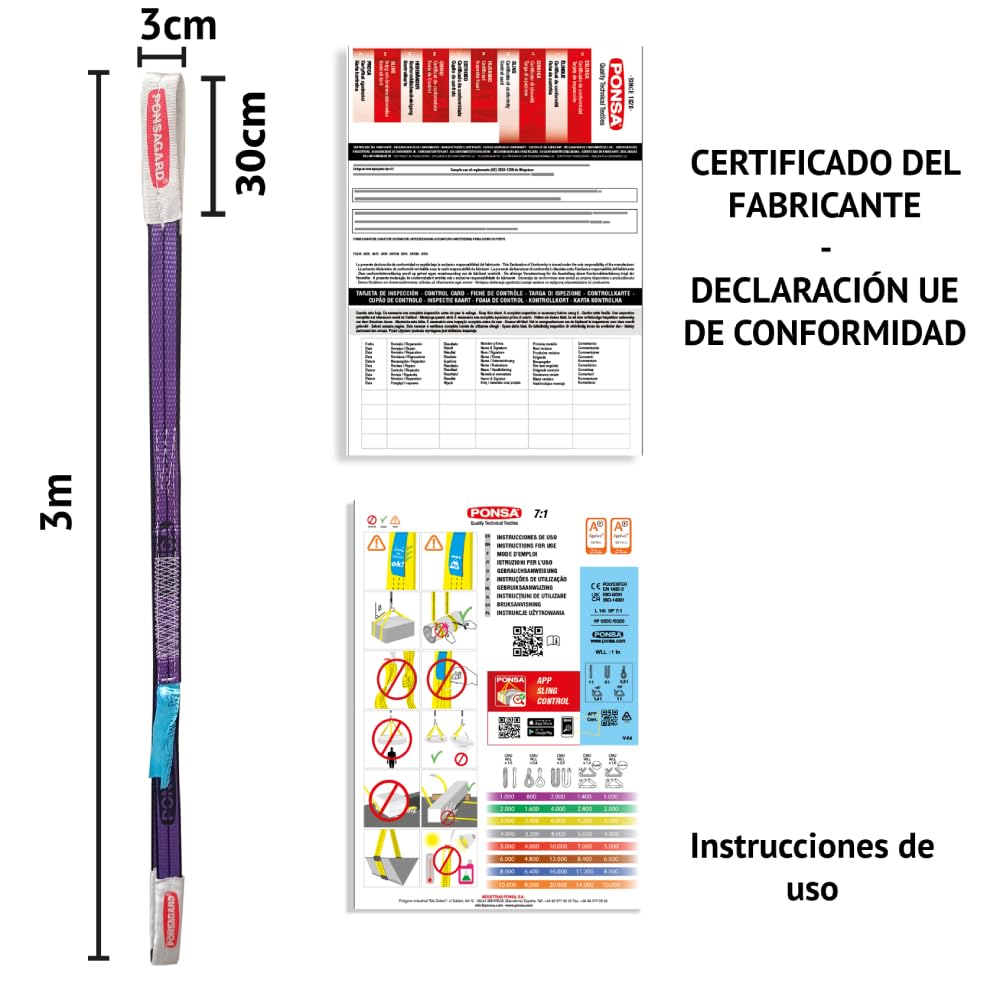 PONSA. 1t - 4 m. Cinghia di sollevamento in poliestere 1 ton, 1000 kg - 4 m. con trattamento PONSAGARD antiabrasione e antitaglio. (Pack 2 u.)