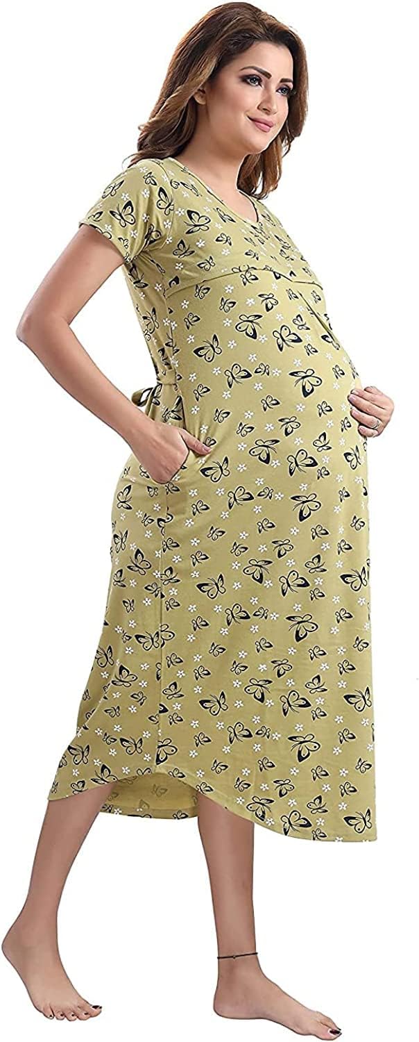 Label Women's Cotton Solid Midi Maternity Night Gown (Buterfly Green)