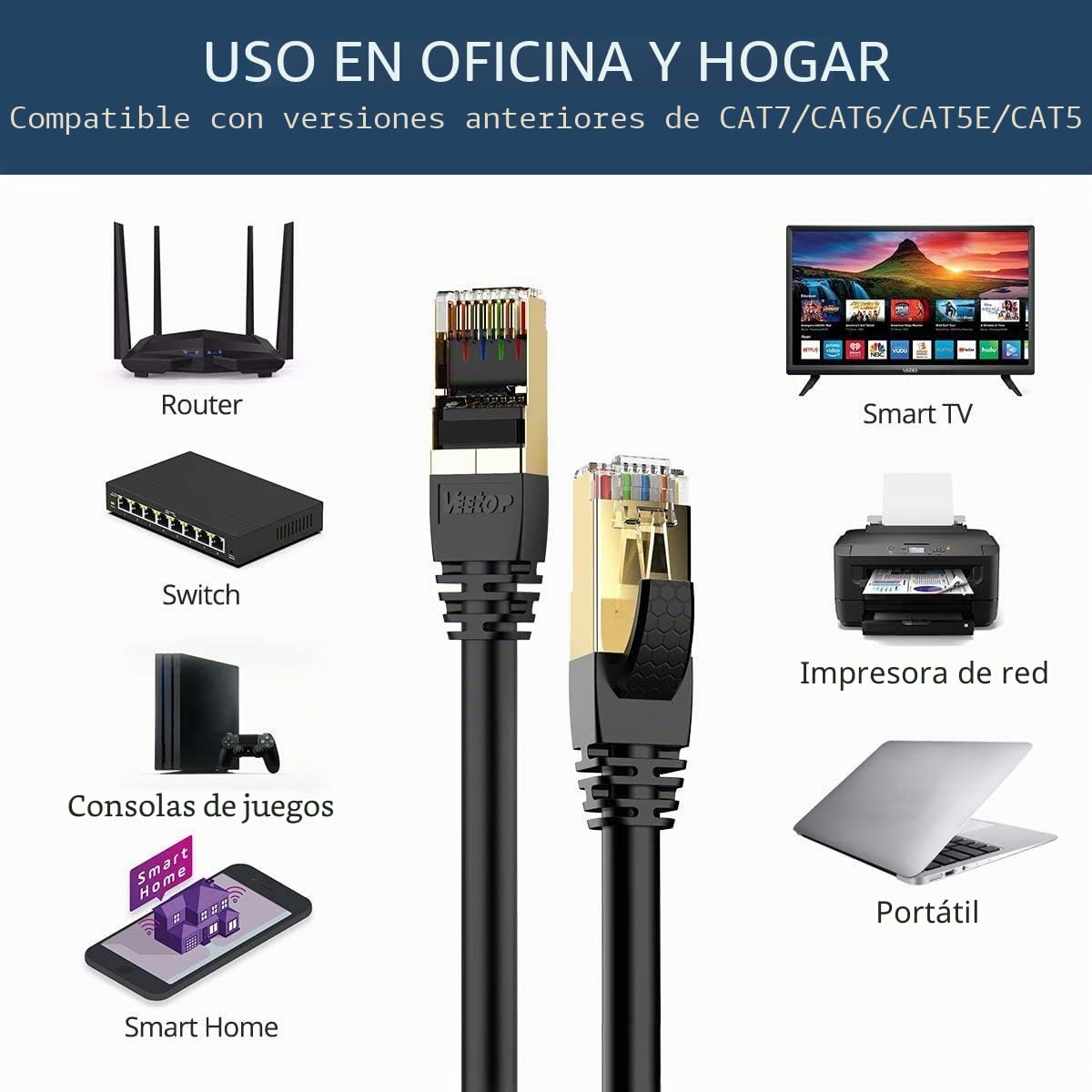 VEEtOP Cable Ethernet Cat 8 de Red con Conectores rj45 Oro para 40 Gigabit Internet LAN 2m Negro