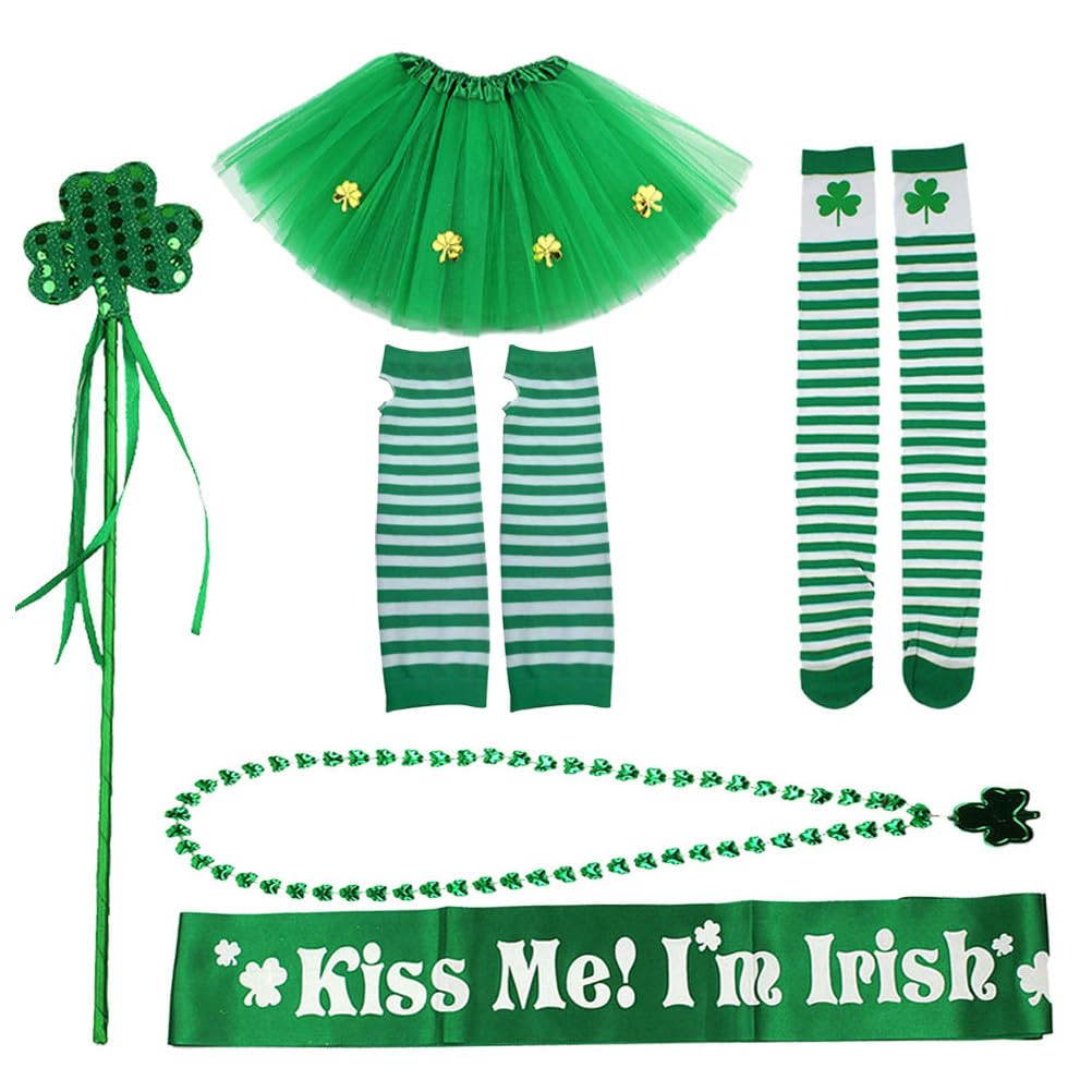 UKCOCO 6Pcs St Patricks Day Shamrock Clover Costume Tutu Skirts: St. Patrick's Day Costume Accessories Set for Kids Girls for Irish Parade Party Supplies